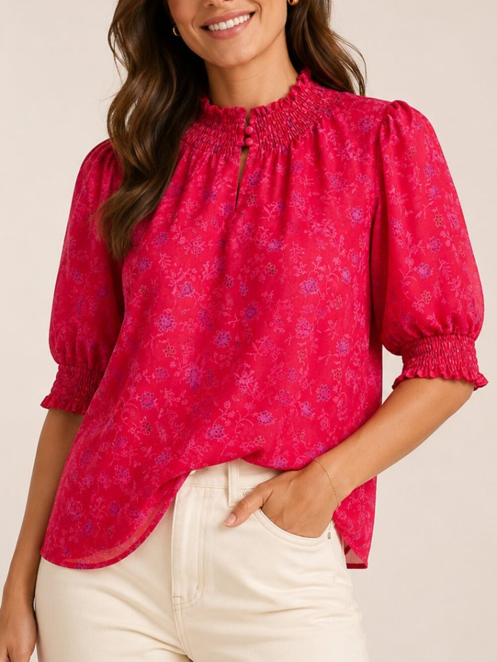 Evereve Red Pink Floral Smocked Mock Neck Puff Sleeve Blouse Top SZ Small Chic